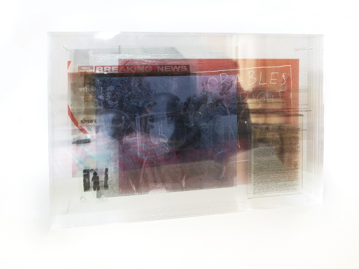 Image – Block A (one side), 2019, mixed media collage compressed between plexiglass, 60 × 40 × 11 cm, unique piece