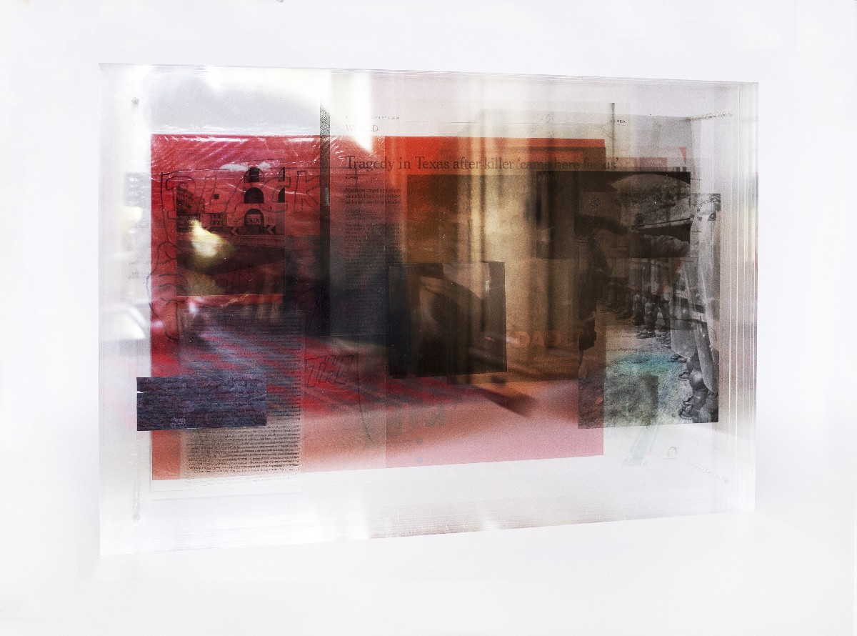 Image – Block A (other side), 2019, mixed media collage compressed between plexiglass, 60 × 40 × 11 cm, unique piece