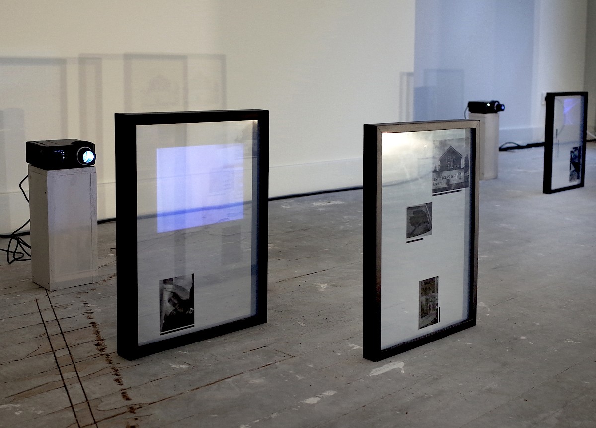 Image – Transparent Composition #1-3, b/w prints on transparent foil, framed between glass + video projections, 40 × 30 cm each